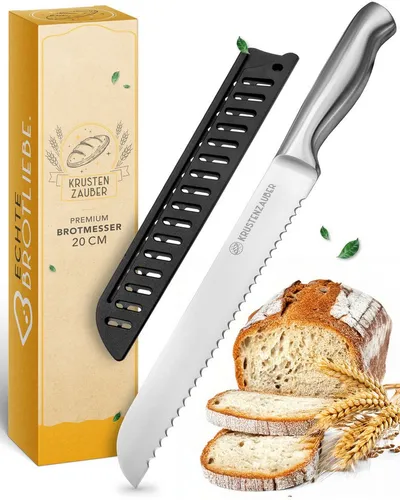 KRUSTENZAUBER Scharfes Brotmesser 20cm mit Wellenschliff - Müheloses Schneiden von Brot, Brötchen und Baguettes dank scharfer 20 cm Edelstahlklinge. Langlebig und hygienisch, ideal für knusprige Krusten und weiches Inneres. Ergonomischer Griff für hohen Komfort in der Küche.