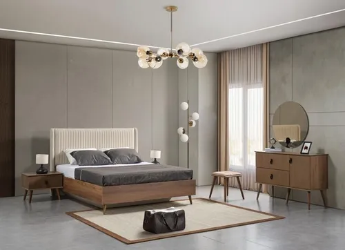 Luxus Schlafzimmer Set Bett + 2 Nachttische & Kommode mit Spiegel - 5-teiliges Schlafzimmer Set in modernem Design. Enthält Bett, 2 Nachttische, Kommode und Spiegel aus hochwertigem Holz. Ideal für stilvolle Einrichtung und optimalen Stauraum.