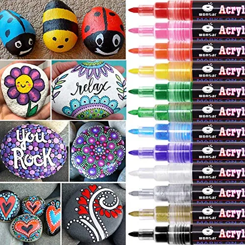 wonsar Acrylstifte Marker Stifte, 12 Farben Wasserfest Acrylstifte für Steine Bemalen, Acrylfarben Stifte für Kinder DIY Keramik Glas Porzellan Metall Kunststoff Holz, Leinwand (0.7mm Spitze)