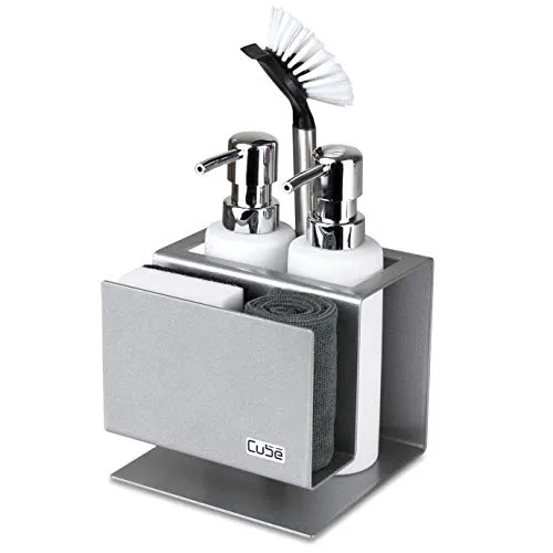 enjoy design Cube Spülbecken Organizer Set Made in Germany: Prämierter Küchenorganizer inkl. Seifenspender & Spülbürste – Edler & Praktischer Spülorganizer für eine Aufgeräumte Küche – Spülset Silber