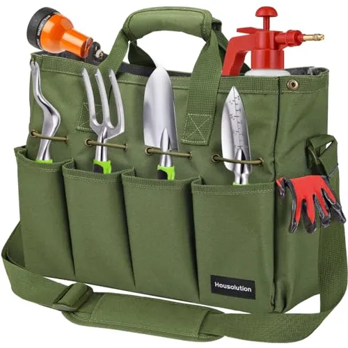 Housolution Garten Werkzeugtasche, 35 x 14 x 28 cm Tragbar Gartentasche Wasserdicht Aufbewahrungstasche mit Mehreren Taschen und verstellbarem Schultergurt Werkzeugbeutel für Haus Garage, Dunkel Grün