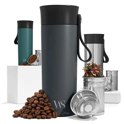 Thermobecher Kaffee To Go Kaffeebecher Edelstahl 360ml + Trageriemen & Tee-Infuser - Trinkbecher Cafe Tee Auslaufsicher BPA-frei | 6h Heiß 10h Kalt Vakuum-Isolierbecher Coffee Travel Mug Thermosbecher