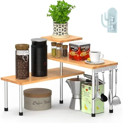 Wuciray Gewürzregal Küche Küchenregal Arbeitsplatte Eckregal Stehend Holz Kitchen Organizer Storage Spices Ohne Bohren mit Haken