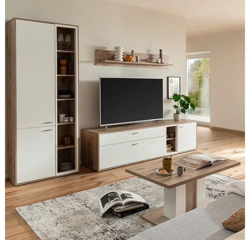 Lomadox Wohnzimmer-Set SAGUNTO-05, (Mega-Spar-Set, 4-St., Vitrine Lowboard Wandboard Couchtisch), Wohnwand, in weiß und Eiche