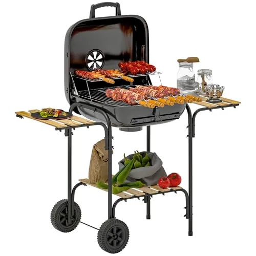 Outsunny Holzkohlegrill aus Stahl mit abschließbarem Deckel und Rädern