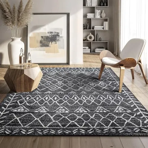 SANAT Boho Teppich – Moderner Teppich im Boho Stil, Geeignet für Wohnzimmer, Schlafzimmer, Flur, Esszimmer und Kinderzimmer – Boho Schwarz, Größe: 160 x 230 cm