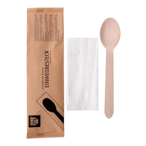GRÄWE Holzlöffel mit Serviette, 100 Sets, nachhaltiges Besteckset