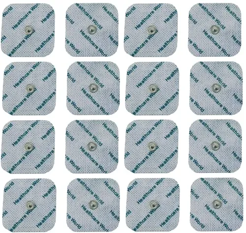 Healthcare World 16 TENS Elektrodenpads – 5x5 cm Gelpads mit 3,5 mm Druckknopf – Wiederverwendbar & kompatibel mit TENS/EMS Geräten