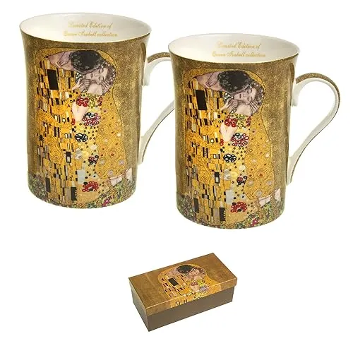 Queen Isabell Kaffeebecher für Zwei Peronen Porzellan Becher mit Löffel Kuss Klimt Set Geschenkidee 2er Set 250ml