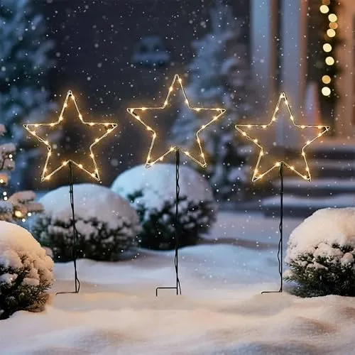 LED Gartenstecker Stern 3er Set - 30 und 24 cm, Deko Beleuchtung für Außen mit Timer, 70 warmweiße LEDs und spritzwassergeschützt