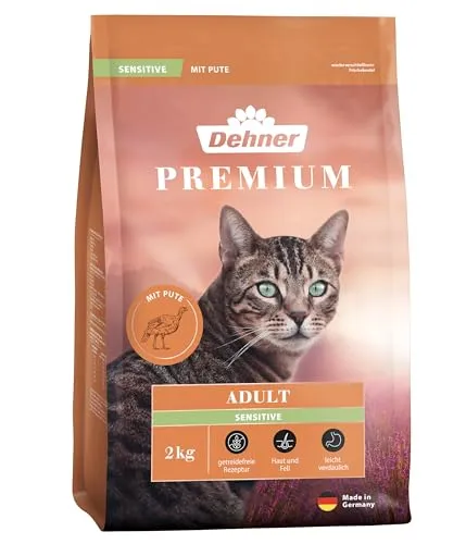 Dehner Premium Katzenfutter Sensitive, Trockenfutter getreidefrei, für ausgewachsene ernährungssensible Katzen, Pute, 2 kg