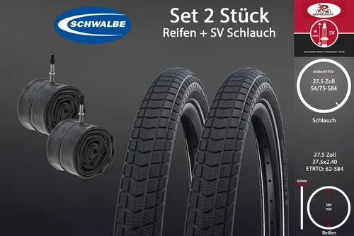 Schwalbe 27.5 Zoll Super Moto X Fahrradreifen Set mit Schläuchen - 2 Stück 27.5 Zoll Schwalbe Super Moto X Fahrradreifen mit Reflex und Schläuchen, ideal für Asphalt und leichtes Gelände, belastbar bis 145 kg, für zuverlässige Performance.