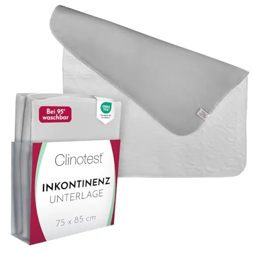 Clinotest Inkontinenzunterlage – Oeko-TEX Zertifiziert, wasserdicht, atmungsaktiv, waschbar, 75x90 cm, absorbierender Matratzenschoner für Inkontinenz & Feuchtigkeitsschutz – Weiß/Grau