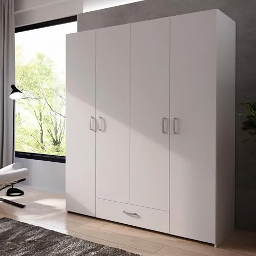Forte ECONOBOX Kleiderschrank 160 – Moderner Schrank mit 4 Drehtüren - Stylischer Kleiderschrank mit 4 Drehtüren und 1 Schublade, ideal für Schlafzimmer und Flure. Robuste Materialien garantieren lange Freude. Einfache Montage mit Anleitung, passend für zusätzliche Einlegeböden.