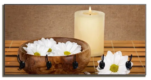 Wallario Garderobenpaneel Stillleben - Kerzen und Blumenblüten in Holzschale (1-teilig, inkl. Haken und Befestigung), 80x40cmHolz