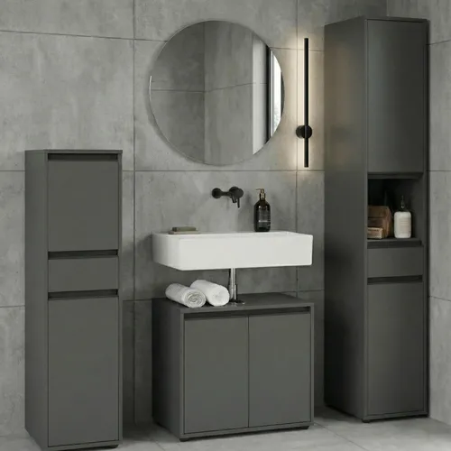 Badmöbel Set 4-tlg Soft-Close mit Runder Spiegel | Steingrau matt | Serie HAMBURG Kadima Design - Stilvolles 4-teiliges Badezimmer-Set mit modernem Design. Der runde Spiegel und die Soft-Close-Funktion sorgen für Eleganz und Komfort. Ideal für ein aufgeräumtes Bad mit viel Stauraum.