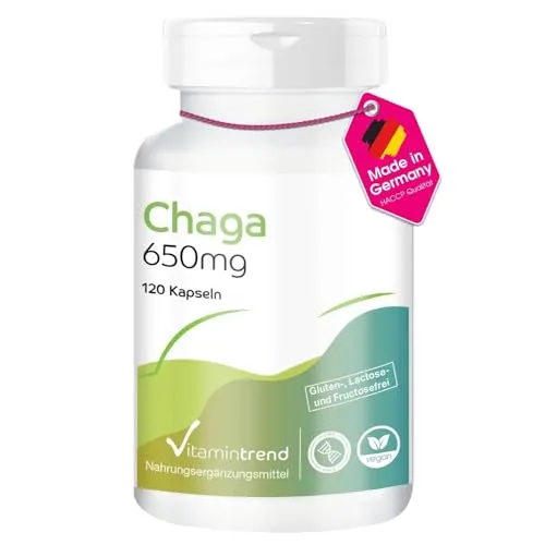 Vitamintrend Chaga Pulver 650mg, 120 Kapseln, Nahrungsergänzungsmittel vegan ohne Magnesiumstearat, in Deutschland hergestellt