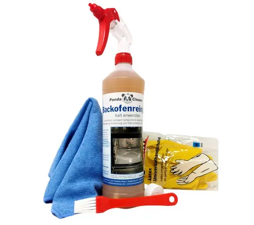 PandaCleaner Backofen- & Grillreiniger - Grillrostreiniger - Konzentrat Backofenreiniger (Spar-Set, [5-St. 1 x Handschuhe, Tuch, Pinsel, Sprühkopf & Reiniger 1 Liter)
