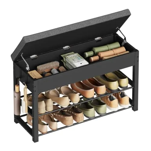 WOLTU Schuhbank mit Sitzfläche, Schuhregal mit 2 Ablagen | Staufach unter gepolstertem Sitzkissen, für Flur Schlafzimmer Wohnzimmer, 80x50x30 cm, Schwarz+Dunkelgrau