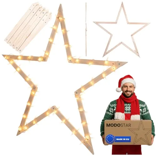 MODO24 DIY Stern MODOSTAR 2D Weihnachtsstern Set aus FSC Holz, Sternabmessungen: 139 cm, zum Aufstellen im Garten & Terrasse, wetterfest, faltbar & stabil, Weihnachtsdeko, Farbe: Natur imprägniert