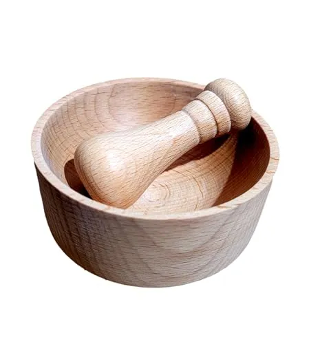 M02 Mörser und Stößel aus natürlichem Holz mit Schüssel, Gewürzmühle und Kräutermühle