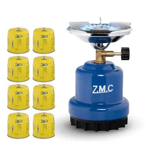 Z.M.C Campingkocher 1100 W + 8X Gaskartuschen 190 g, Gaskocher für Camping 13x20 cm, Kohlenanzünder, Mini Camping Gas Kocher, Anzünder