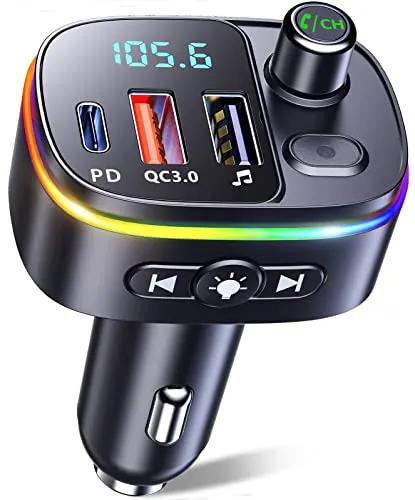 Mohard Bluetooth Adapter Auto, PD 18W&QC3.0 FM Transmitter Auto, 9 RGB Beleuchtungsmodi, 3 USB Anschlüss Auto Ladegerät, Unterstützt Freisprechfunktion, Siri Assistant, USB-Disk, Patchkabel-Adapter