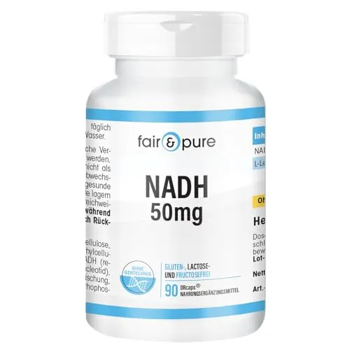 Fair & Pure NADH 50mg, 90 Kapseln, schluckfreundlich, hochdosiert, DRcaps mit zeitverzögerter Freisetzung, Nahrungsergänzungsmittel vegan ohne Magnesiumstearat, in Deutschland hergestellt