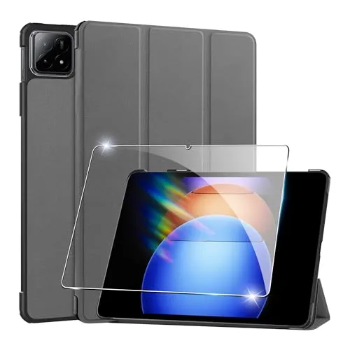 Rojeuinn Hülle für Xiaomi Pad 6S Pro 2024 12.4 inches Tablette Case Cover+1 Stücks Schutzglas Schutzfolie-Grey