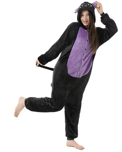 Katara Partyanzug Bauernhoftiere Jumpsuit Kostüm für Erwachsene S-XL, Karneval - Kostüm, Kigurumi - Katze schwarz-lila XL (175-185cm)