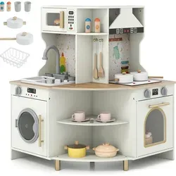 COSTWAY Doppelseitige Kinderküche Eck mit Licht & Sound, Spielküche mit Mikrowelle, funktionierendem Wasserhahn & Spüle, Spielzeugküche ab 3 Ja... - Beige