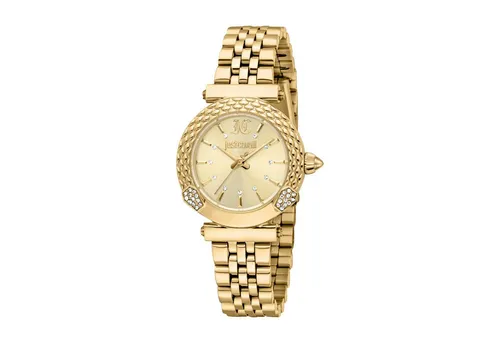 Just Cavalli Time Quarzuhr Mistero JC1L332M0355 - Elegante Damenuhr mit goldfarbenem Edelstahlarmband und funkelnden Kristallsteinen, wasserdicht bis 5 bar - perfekt für festliche Anlässe.