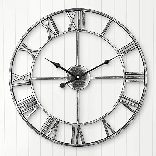 Leise Wanduhr, Arviny Europäisches Bauernhaus Vintage Uhr mit römischen Ziffern, 40 cm, nicht tickend, batteriebetrieben, Metallskelett, dekorative Uhr für Zuhause, Küche, Büro, Dekoration (Silber)