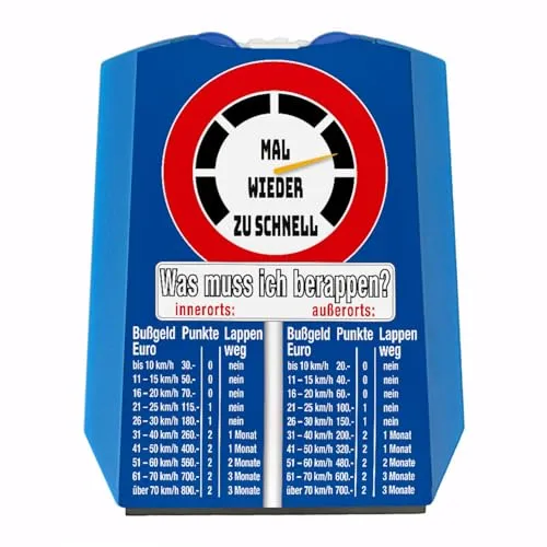 speecheese Zu schnell gefahren Bußgeld Parkscheibe in blau mit Straßenschild Motiv mit Eiskratzer Wasserabstreifer und Einkaufswagen-Chips für Fahranfänger mit Führerschein um den Überblick