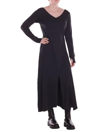 Vishes Alternative Bekleidung - Damen Kleid Knielang aus Baumwolle - V-Ausschnitt, Daumenlöcher, einfarbig, weich und bequem schwarz 46