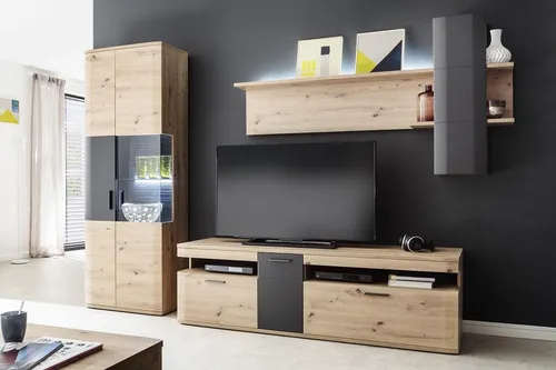 MCA furniture Wohnwand Cortona, 3-teilig in Balkeneiche/Anthrazit - Elegante 3-teilige Anbauwand aus Holzwerkstoff in mattem Finish, ideal für Ihr Wohnzimmer und optimal zur Präsentation Ihrer Unterhaltungselektronik.