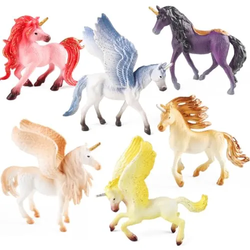 Doyomtoy Six Einhorn Spielfigur Regenbogeneinhorn,Mythische Pegasus Einhorn Modell Magische Energie Kreatur Solide Farbige Einhorn