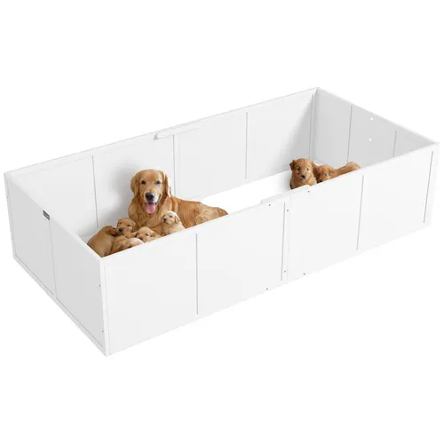 PawHut Laufgitter Wurfkiste für Welpen - Robuste Wurfkiste aus Tannenholz (196 x 96 x 48 cm) mit verstellbaren Eingängen, ideal für kleine bis große Hunde, sorgt für Sicherheit und Freiraum für Ihre Welpen.