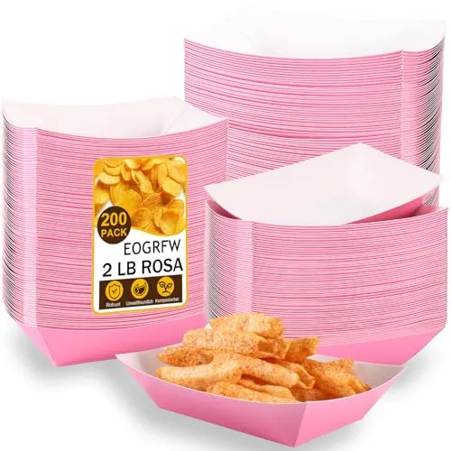 EOGRFW Papier-Lebensmitteltabletts, 200 Stück 2 Pfund Einweg-Lebensmittelschiffchen, rosa Nacho-Tabletts, Papier Fingerfood Schalen