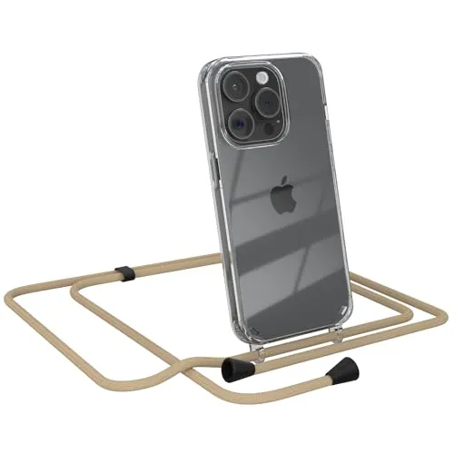 EAZY CASE Handykette kompatibel mit iPhone 15 Pro Handyhülle mit Umhängeband, Handykordel mit Schutzhülle, Silikonhülle, Hülle mit Band, Stylische Kette für Smartphones, Taupe - Clips Schwarz