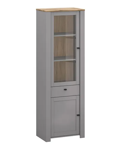 Glasvitrine Latour 65x42x200cm in Grau Eiche Delano - Moderne Standvitrine mit 5 Regalfächern und 2 Türen. Ideal für stilvolle Präsentation im Wohnzimmer. Robuste MDF-Konstruktion mit elegantem, mattem Finish.