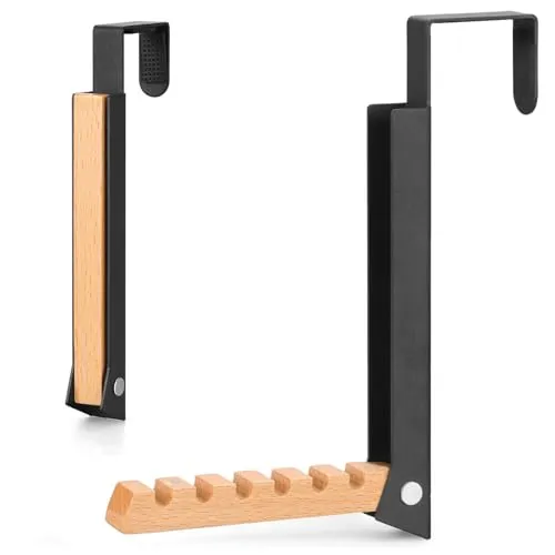 MXGHIR Türgarderobe zum Einhängen, Kleiderhaken Klappbar Tür Garderobe mit 6 Kleiderbügel, Metall & Holz Kleiderlüfter für Tür, Schlafzimmer, zum Einhängen Kleidung, Hüte, Taschen (Schwarz)