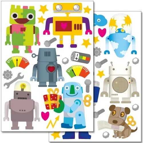 Wandkings Roboter Wandsticker Set, 40 Aufkleber, 2 DIN A4 Bögen, Gesamtfläche 60 x 20 cm