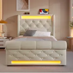 Bett Mit Stauraum Samt Beige 90x200 Cm, Hydraulisch, Mit Led, Usb & Typ-c, Inklusive Matratze
