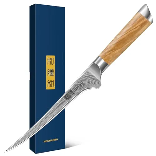 HOSHANHO Damastmesser Filetiermesser 18cm - Ausbeinmesser aus 67-lagigem Damaststahl mit flexibler Klinge für präzise Schnitte, ideal zum Filetieren und Entbeinen, ergonomischer Olivenholzgriff für besten Halt.
