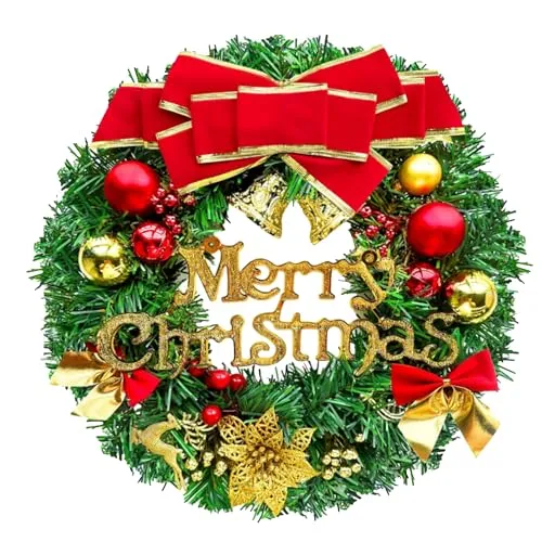 RUNMKUO Weihnachtskranz Weihnachtsgirlande Deko 30cm mit Glocken, Bowknot Weihnachts Kranz für Weihnachts Baum Dekoration Treppen Türen Dekoration