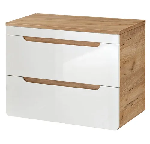 Lomadox Badezimmer Waschtisch-Unterschrank 80 cm - Hochglanz weißer Waschtisch-Unterschrank mit Wotan Eiche Nb., griffloses Design und 2 Softclose-Schubkästen für leises Schließen, ideal für modernes Badezimmer.
