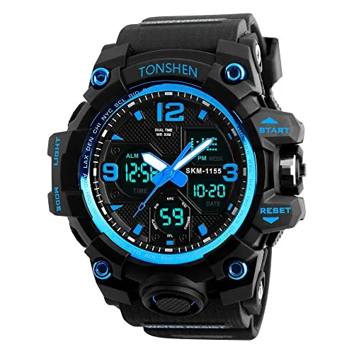 TONSHEN Multifunktional Wasserdicht Herren Sport Uhren Analog Quarz LED Elektronik Double Zeit Alarm Datum Stoppuhr Outdoor Militär Digital Armbanduhr (Blau)