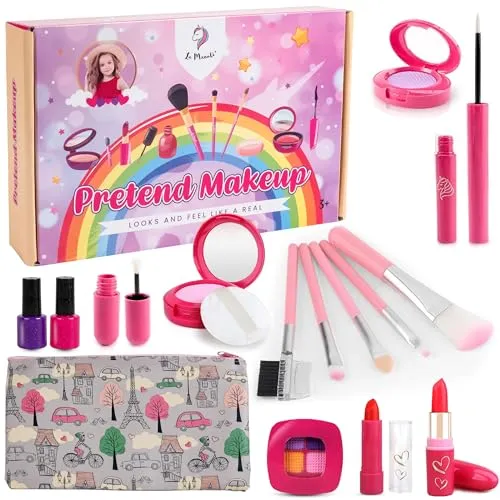 La Manuli Kinderschminke Set Mädchen - Pretend Make Up Schminkkoffer Spielzeug, Fälschung Schminkset für Kinder Rolle Spielen, Kosmetik Geschenk für Kleinkinder ab 3 4 5 6 7 8 Jahre