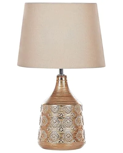 Retro Tischlampe 47 cm mit Keramikfuß - Stilvolle Tischlampe mit Stoffschirm in Goldbraun, ideal für jeden Wohnbereich. Leicht montierbar und mit langem Kabel ausgestattet, sorgt sie für elegantes Lichtambiente.